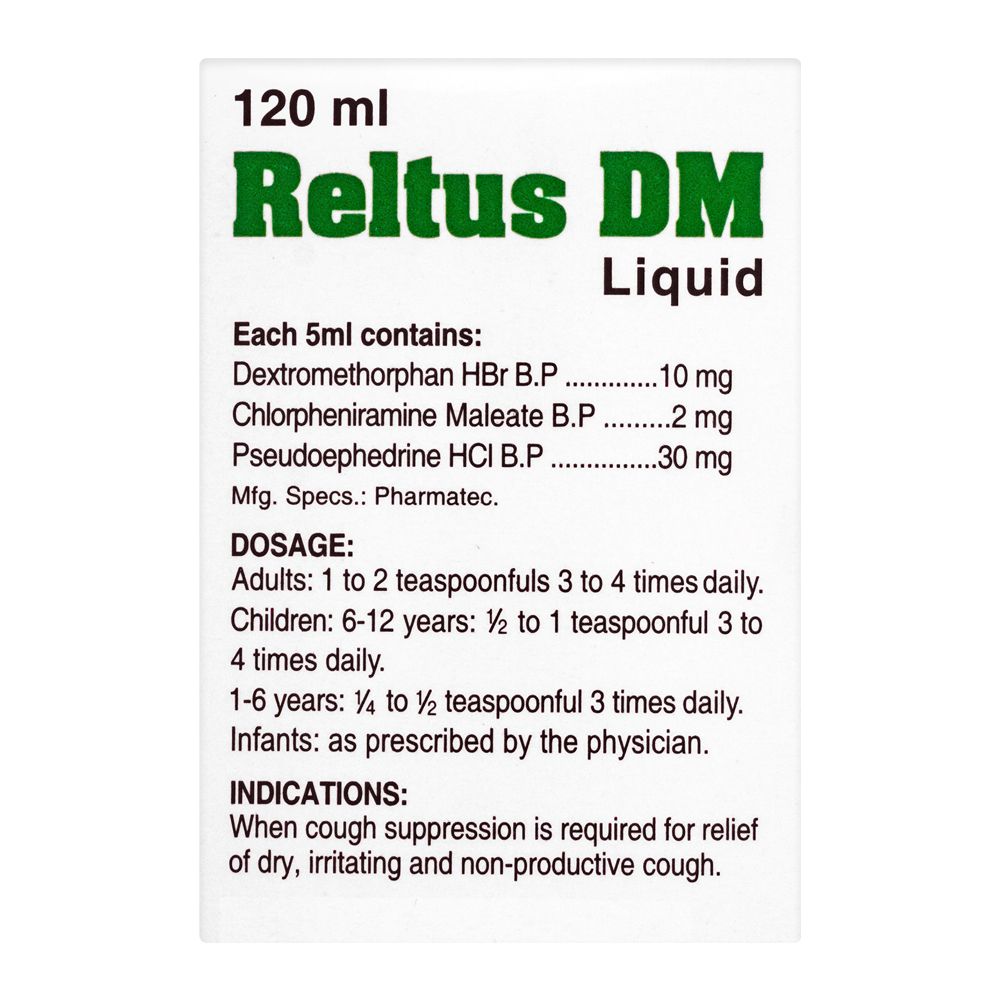 Pharmatec Reltus DM Cough Syrup, 120ml product image 3 - Bolanclinic