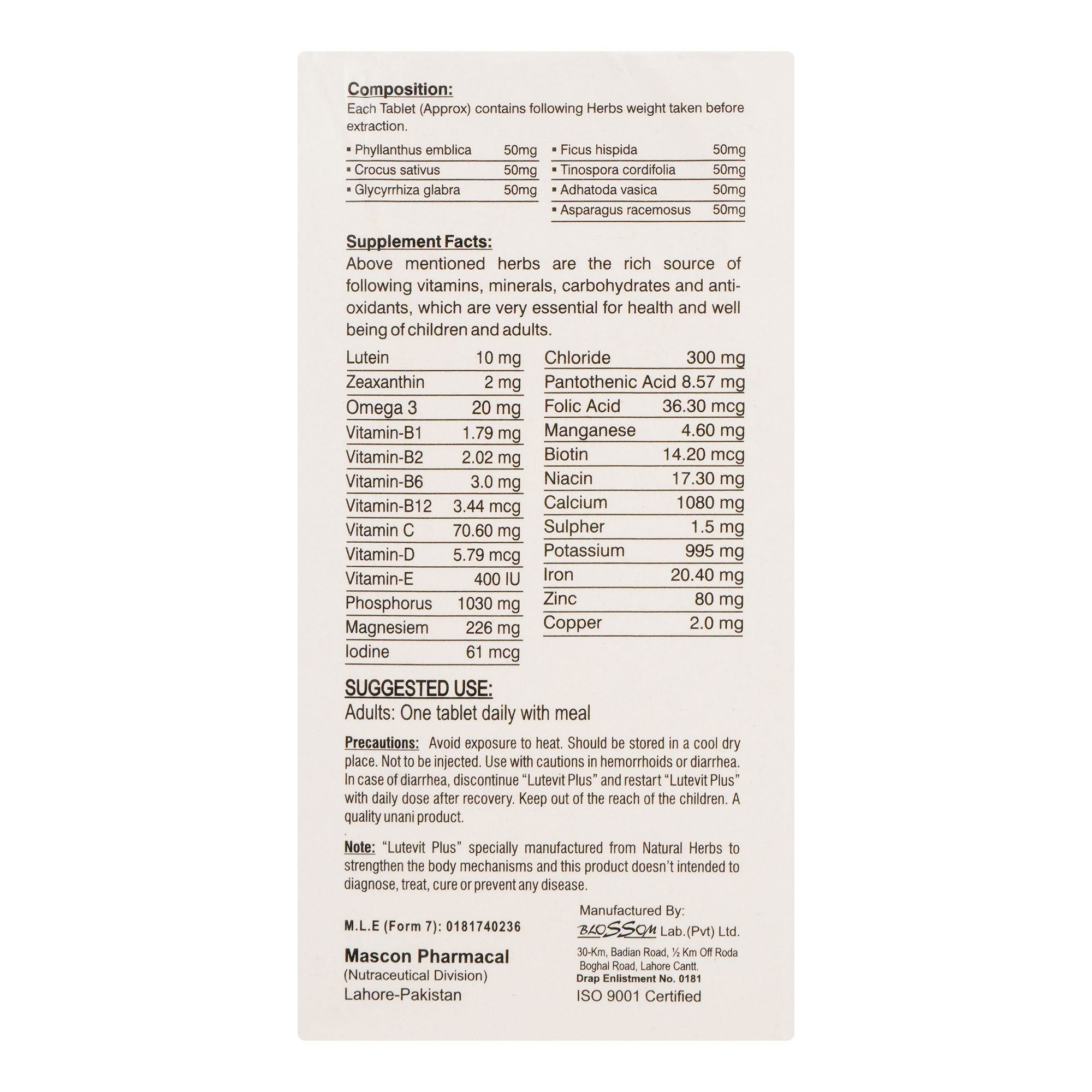 Mascon Pharmacal Lutevit Plus Tablet, Sugar-Free, 30-Pack product image 2 - Bolanclinic