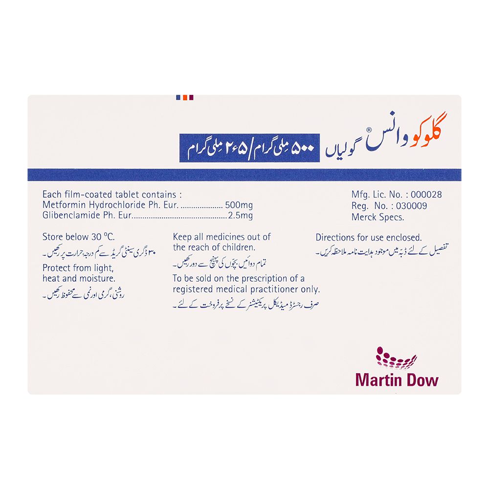 Martin Dow Glucovance Tablet, 500mg/2.5mg, 30-Pack product image 2 - Bolanclinic