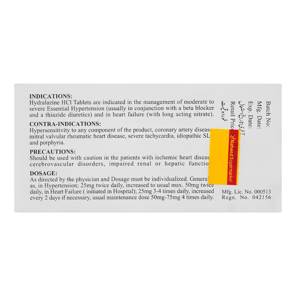 Zafa Pharmaceuticals Hydralazine Tablet, 25mg, 20-Pack product image 2 - Bolanclinic
