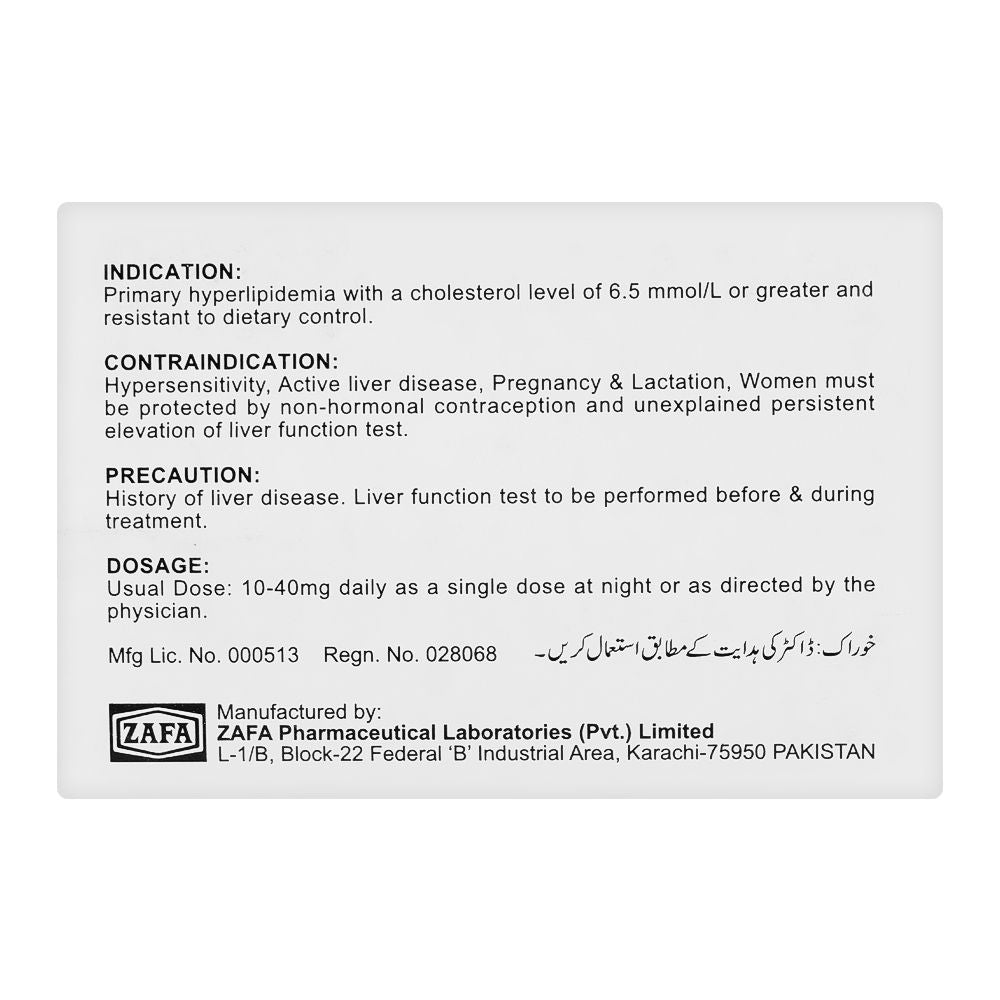 Zafa Pharmaceuticals Simvazaf Tablet, 20mg, 10-Pack product image 2 - Bolanclinic