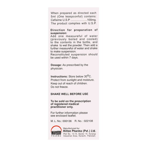 Hilton Pharma Cefim 100mg Suspension, 30ml product image 4 - Bolanclinic