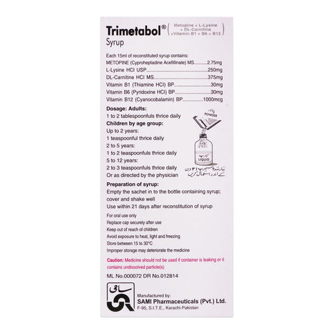 Sami Pharmaceuticals Trimetabol Syrup, 120ml product image 4 - Bolanclinic