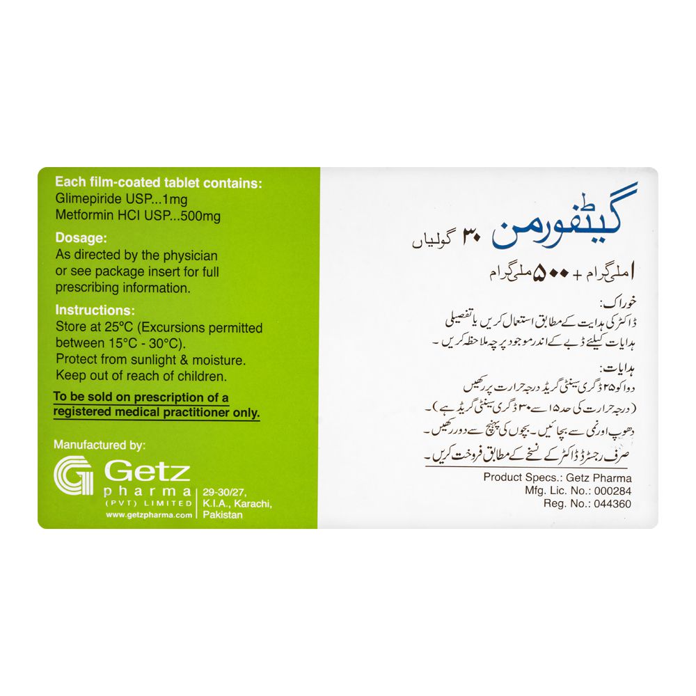 Getz Pharma Getformin Tablet, 1mg + 500mg, 30-Pack product image 3 - Bolanclinic