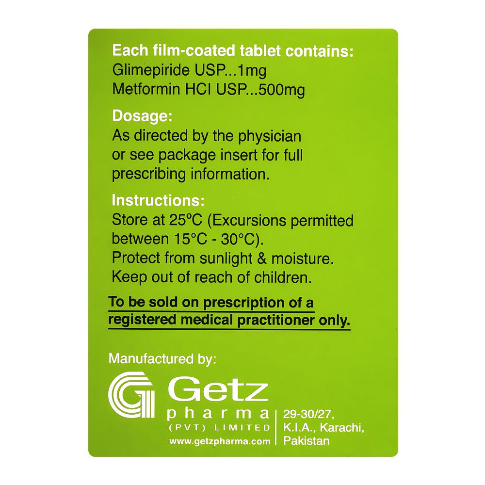 Getz Pharma Getformin Tablet, 1mg + 500mg, 30-Pack product image 4 - Bolanclinic