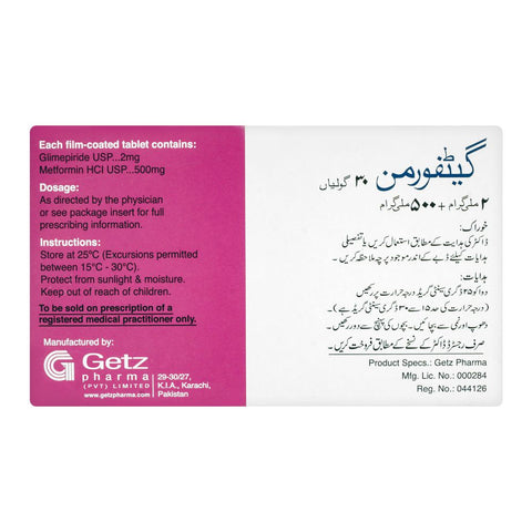 Getz Pharma Getformin Tablet, 2mg + 500mg, 30-Pack product image 3 - Bolanclinic