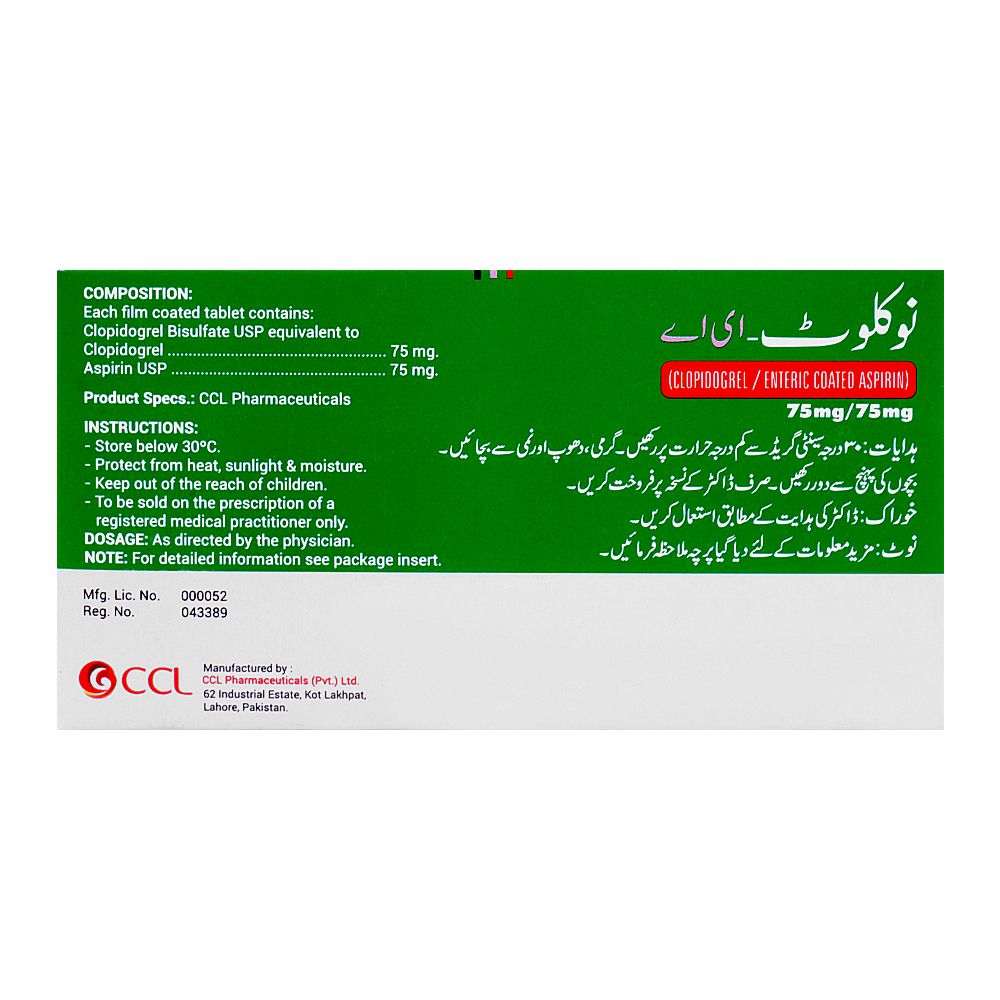 CCL Pharmaceuticals Noclot-EA Tablet, 75mg/75mg, 10-Pack product image 2 - Bolanclinic