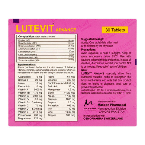 Mascon Pharmacal Lutevit Advance Tablet, Sugar-Free, 30-Pack product image 2 - Bolanclinic