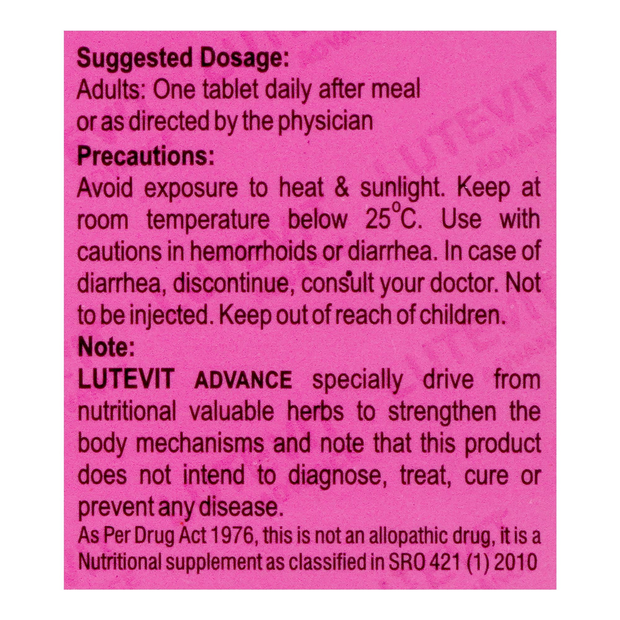 Mascon Pharmacal Lutevit Advance Tablet, Sugar-Free, 30-Pack product image 4 - Bolanclinic