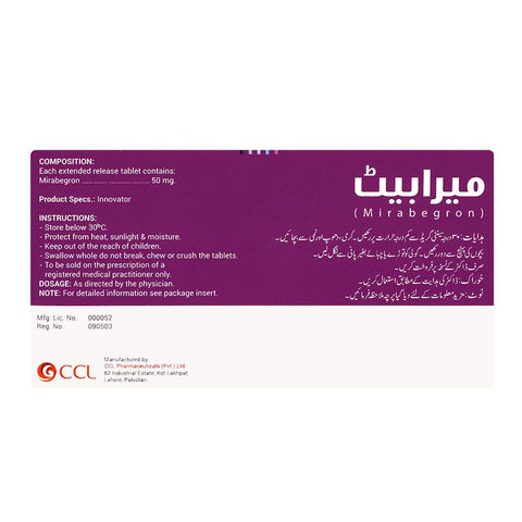 CCL Pharmaceuticals Mirabet Tablet, 50mg, 20-Pack product image 2 - Bolanclinic