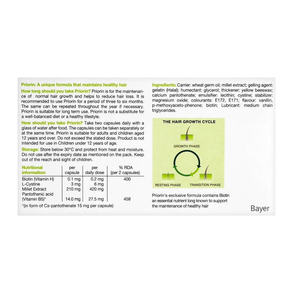 Bayer Pharmaceuticals Priorin Capsule, Maintains Healthy Hair, 60-Pack product image 2 - Bolanclinic