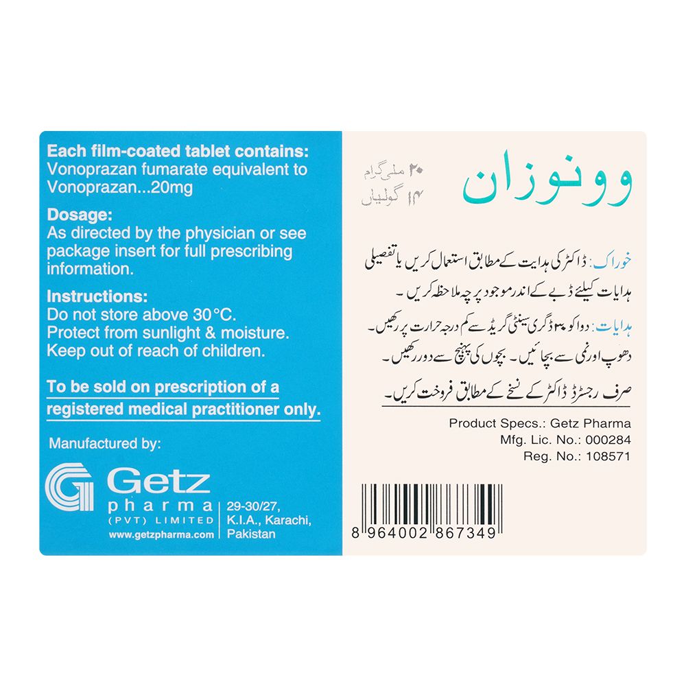 Getz Pharma Vonozan Tablet, 20mg, 14-Pack product image 3 - Bolanclinic
